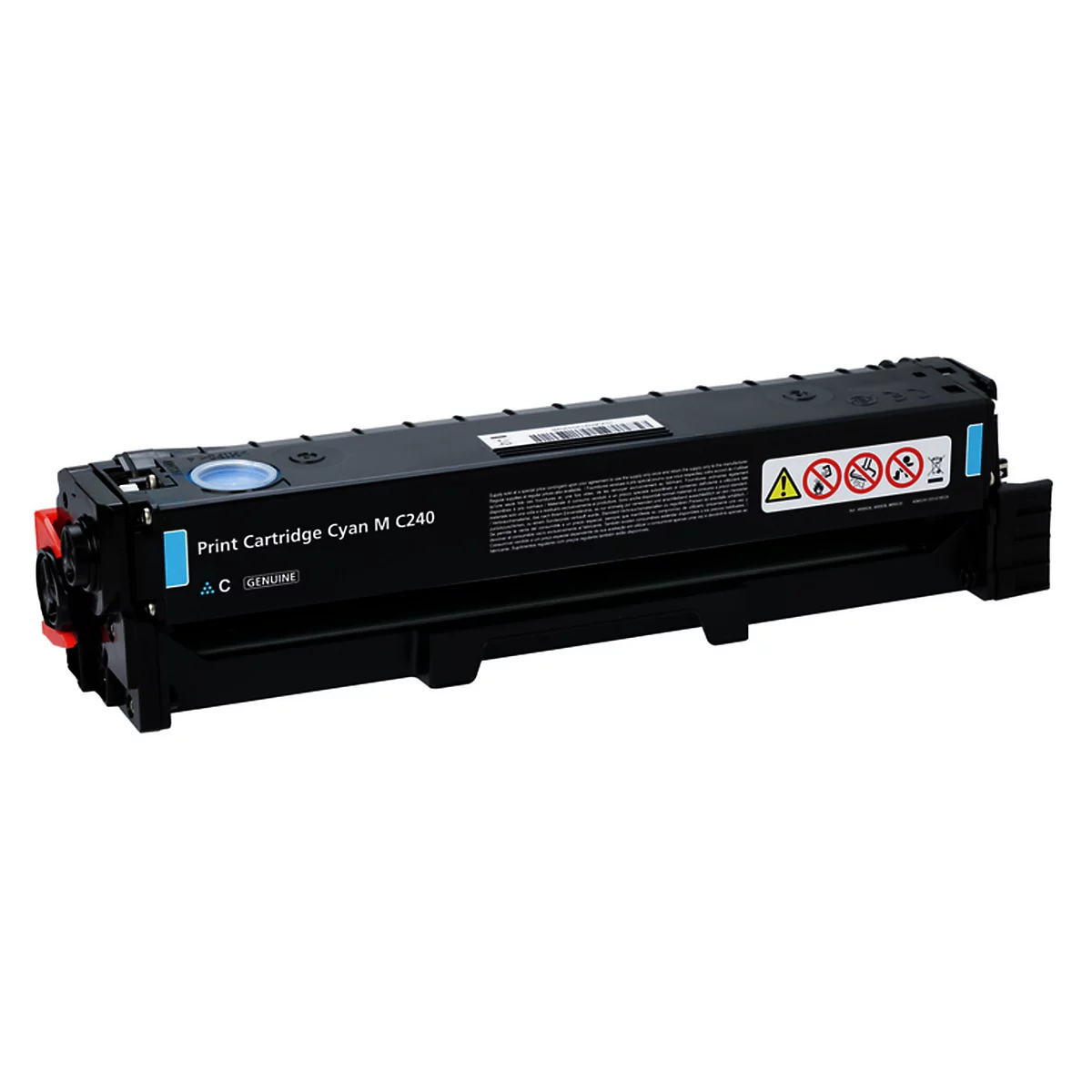 Schwarze Druckpatrone mit Beschriftung: Print Cartridge Cyan M C240. Aufdrucke mit Warnsymbolen.