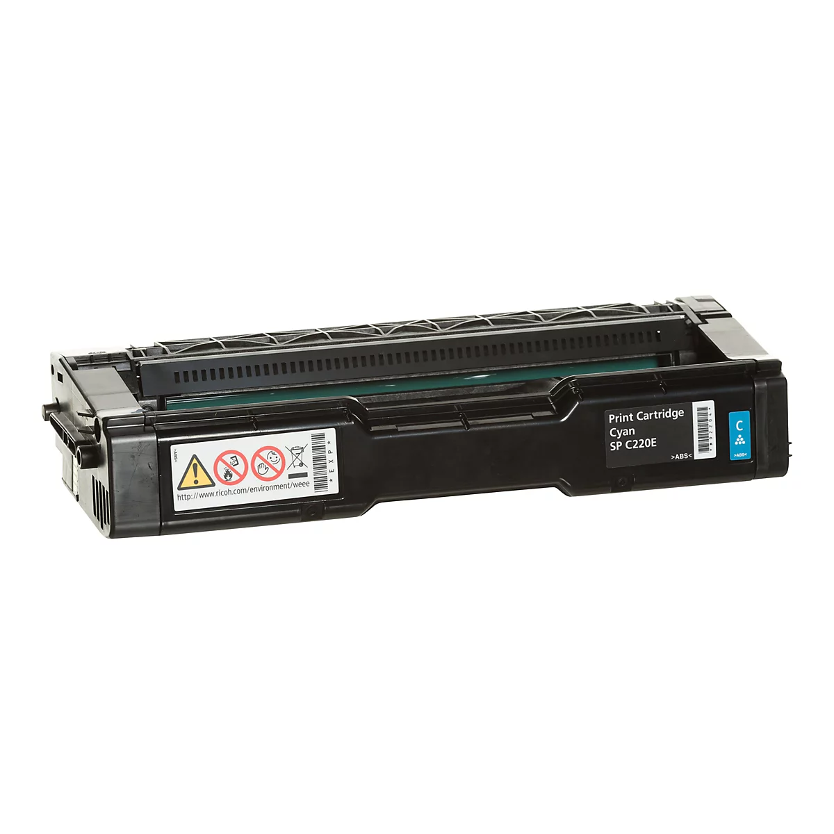 Schwarze Ricoh Cyan Druckerkartusche Modell SP C220E vor weißem Hintergrund.