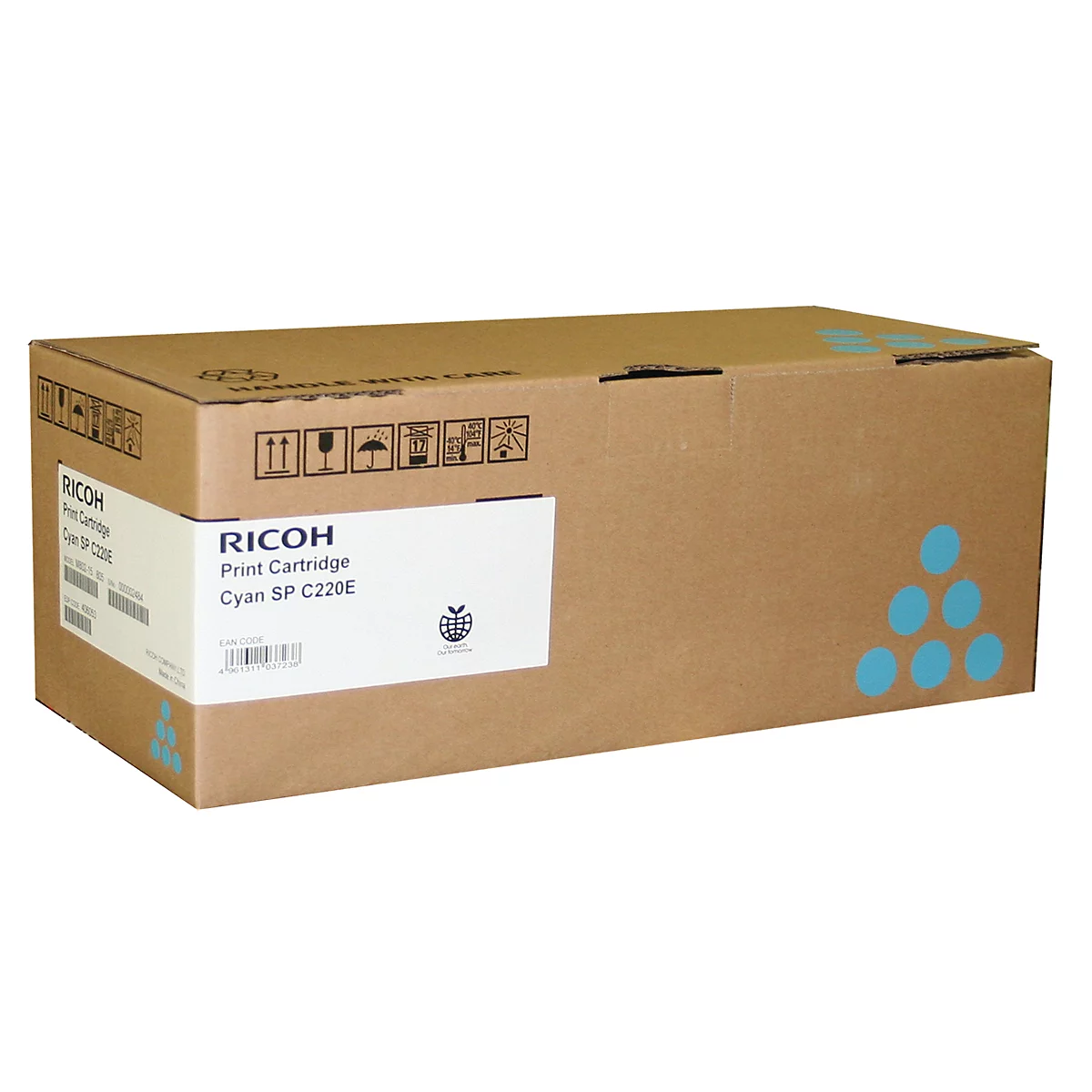 Eine braune Kartonverpackung mit der Aufschrift RICOH Print Cartridge Cyan SP C220E.