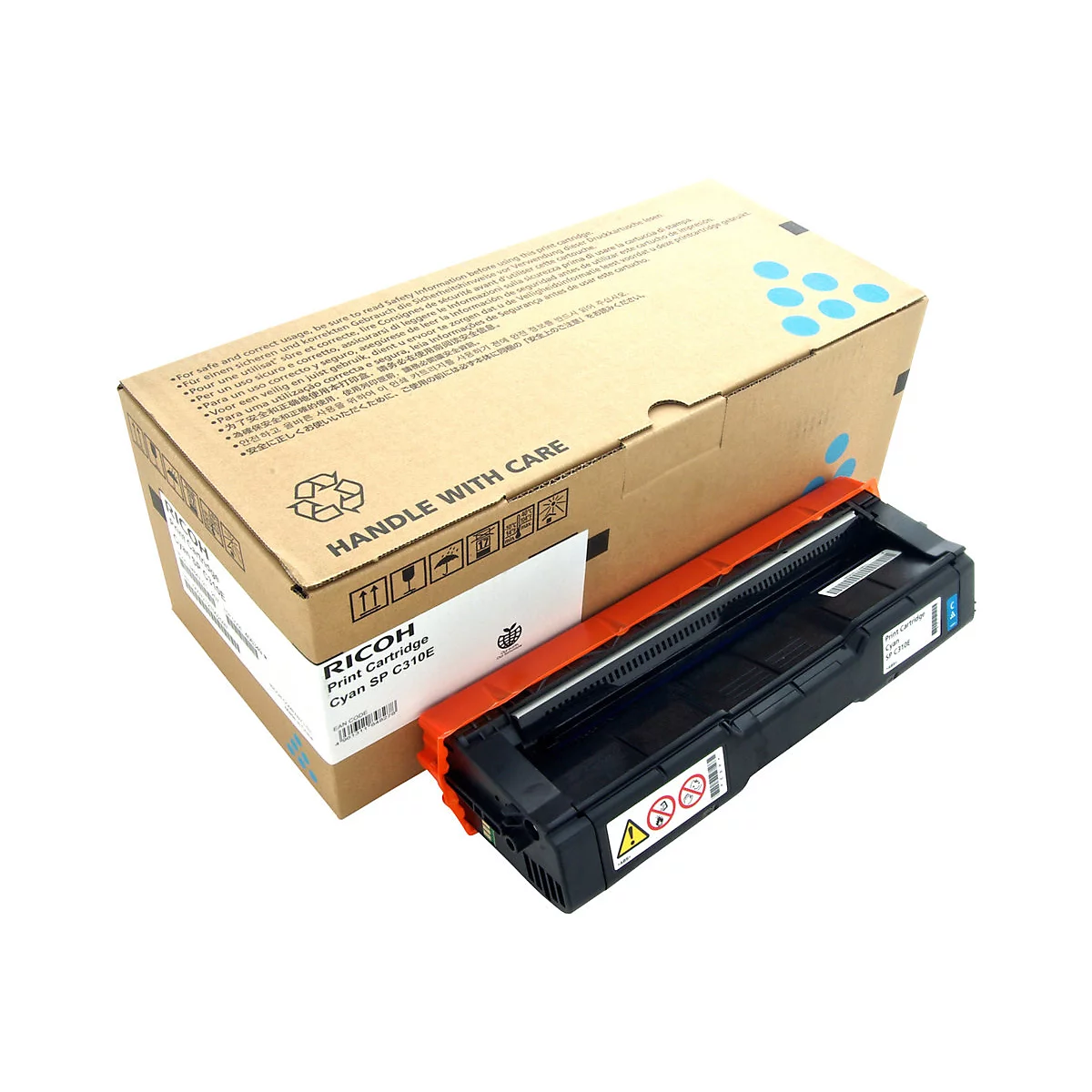 Eine geöffnete Schachtel mit einer RICOH-Druckerpatrone. Die Patrone ist schwarz und orange, die Schachtel braun und mit Warnhinweisen versehen.