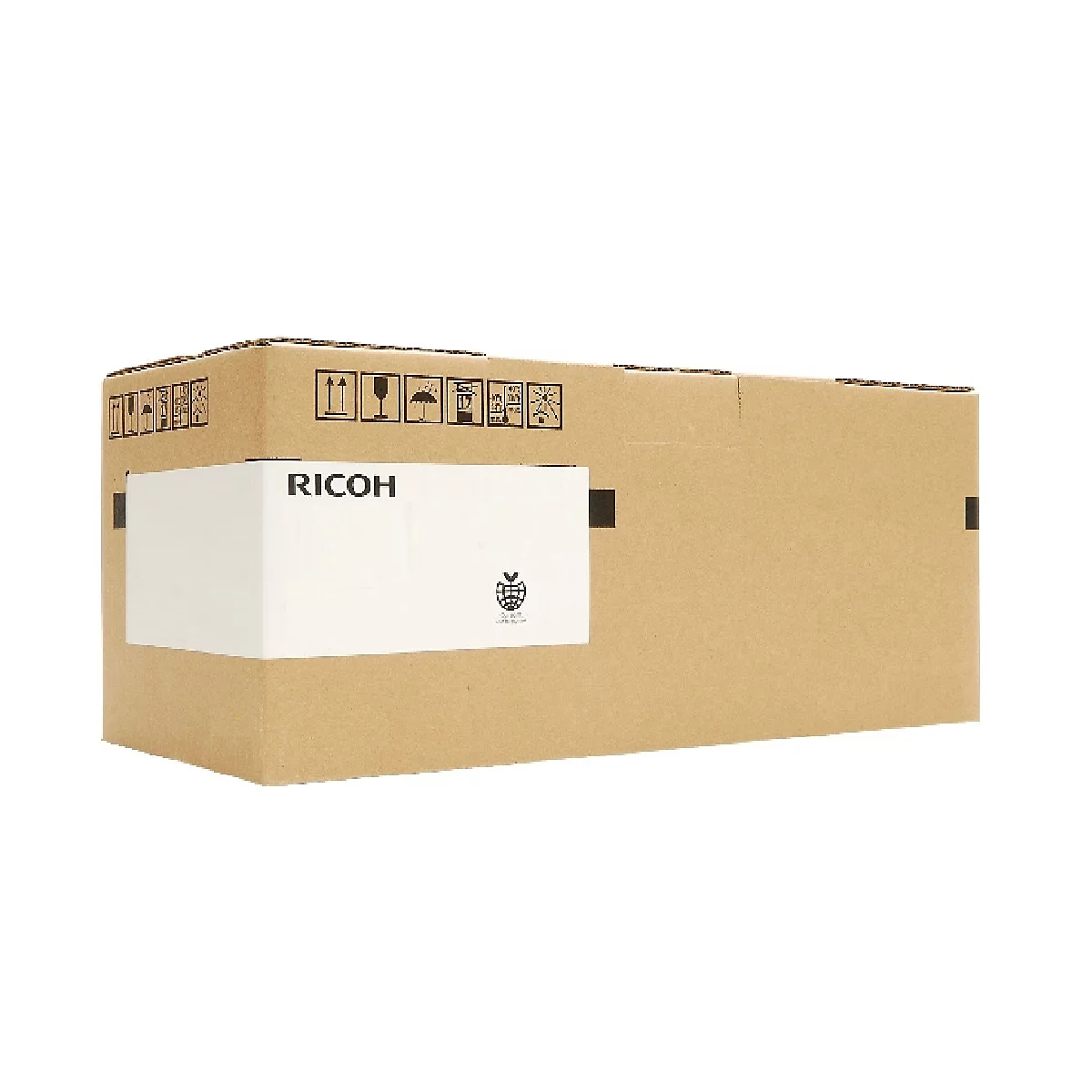 Karton mit Aufdruck "RICOH". Aufkleber mit Piktogrammen und Logos.