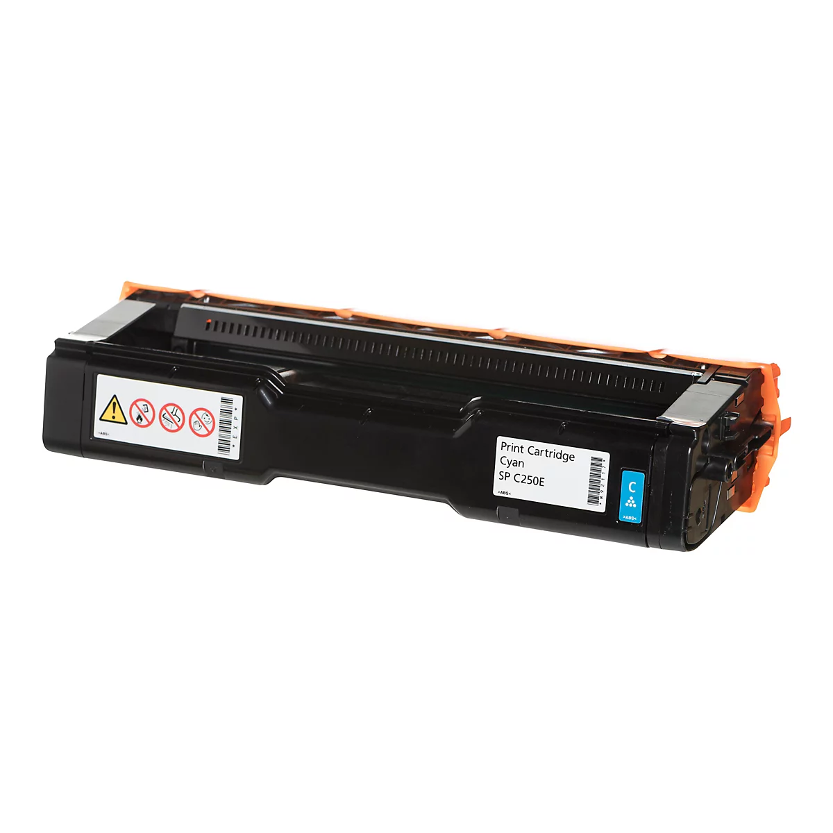 Schwarz-blaue Druckerpatrone auf weißem Grund. Auf der Patrone befindet sich ein Aufkleber mit dem Schriftzug "Print Cartridge Cyan SP C250E" und Piktogrammen.