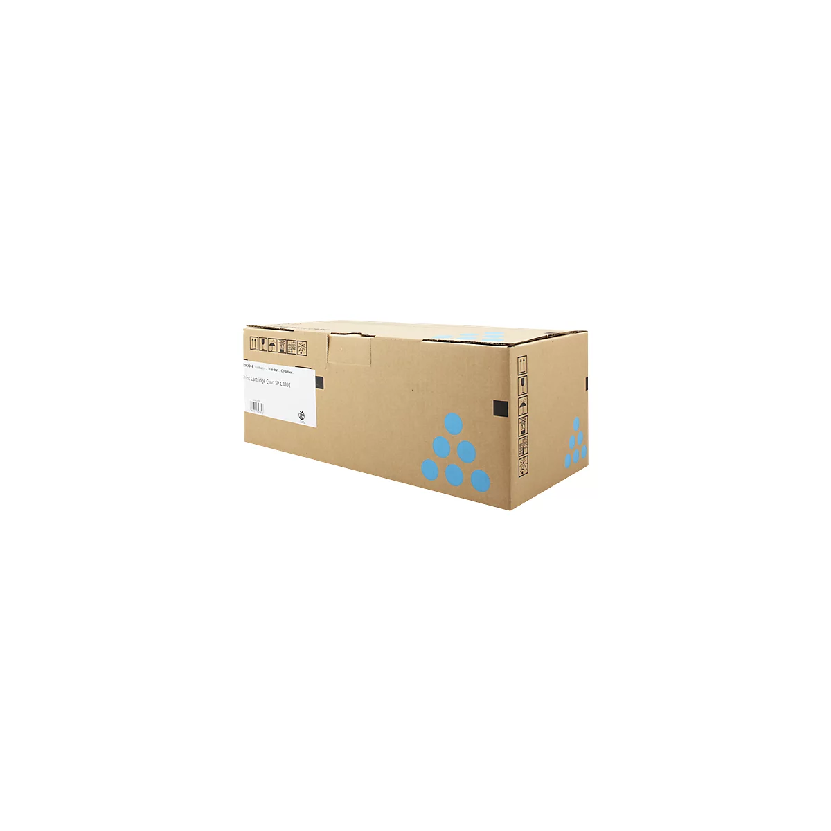 Karton mit Aufdruck "Print Cartridge Cyan SP C310E". Blaue Kreise auf braunem Karton, mit Symbolen und weißem Label.