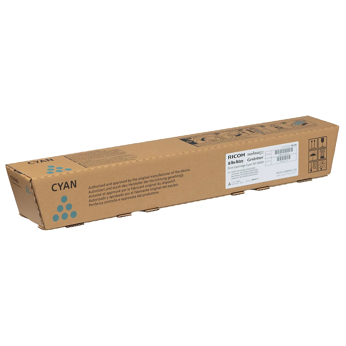 Karton einer Cyan-Druckpatrone. Aufdrucke: Cyan, Produktbezeichnung, Herstellerinformationen.