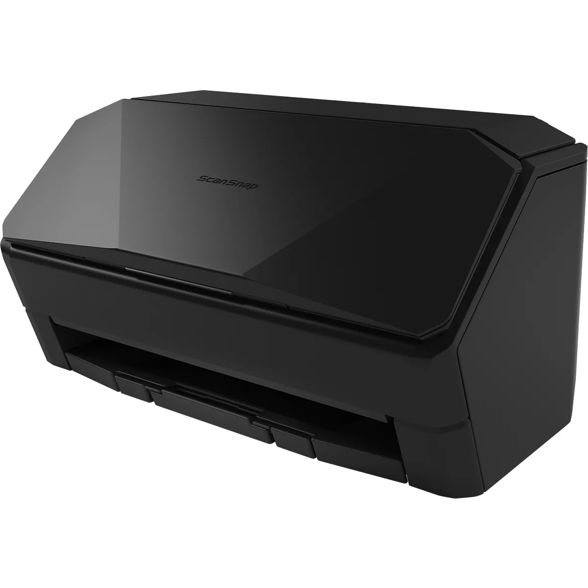 Schwarzer ScanSnap Dokumentenscanner in moderner, kantiger Optik auf weißem Hintergrund.