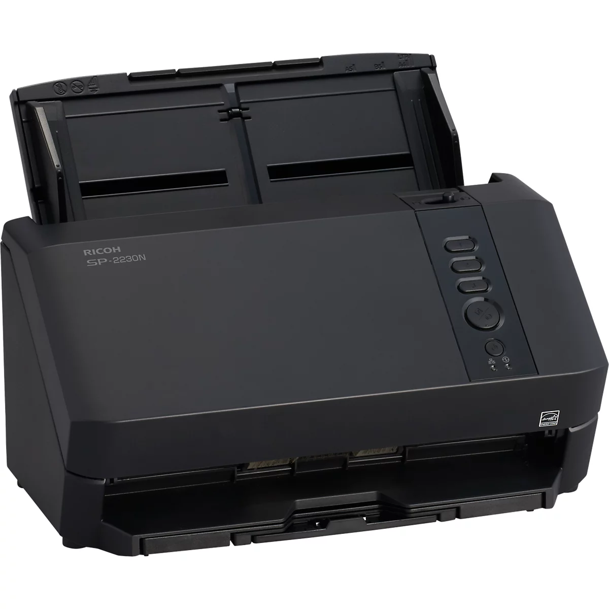 Schwarzer Ricoh SP-1120N Dokumentenscanner vor weißem Hintergrund.
