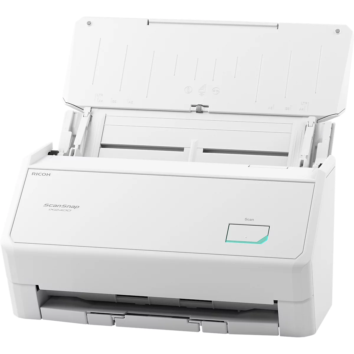 Weißer Ricoh ScanSnap Dokumentenscanner mit aufgeklappter Zufuhr vor weißem Hintergrund.