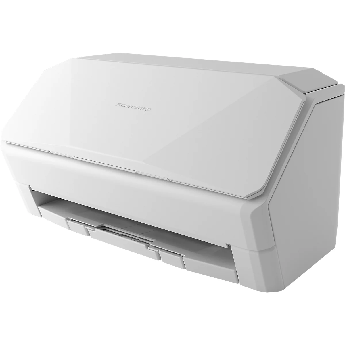 Ein weißer Fujitsu ScanSnap Dokumentenscanner in moderner, minimalistischer Bauweise vor weißem Hintergrund.