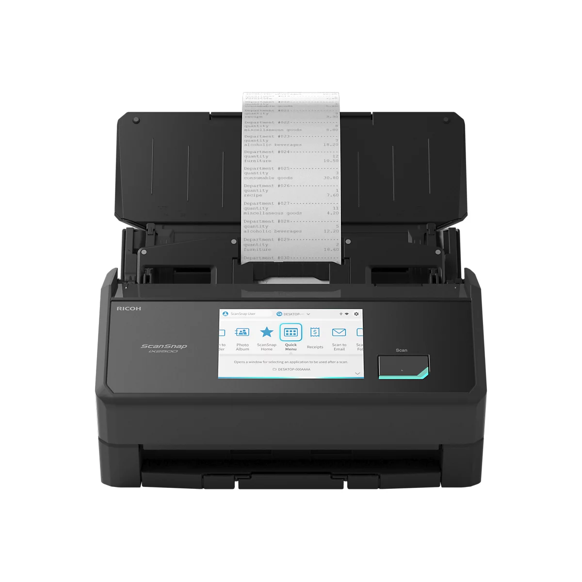 Schwarzer Ricoh ScanSnap Dokumentenscanner mit Touchscreen und eingelegtem Beleg.