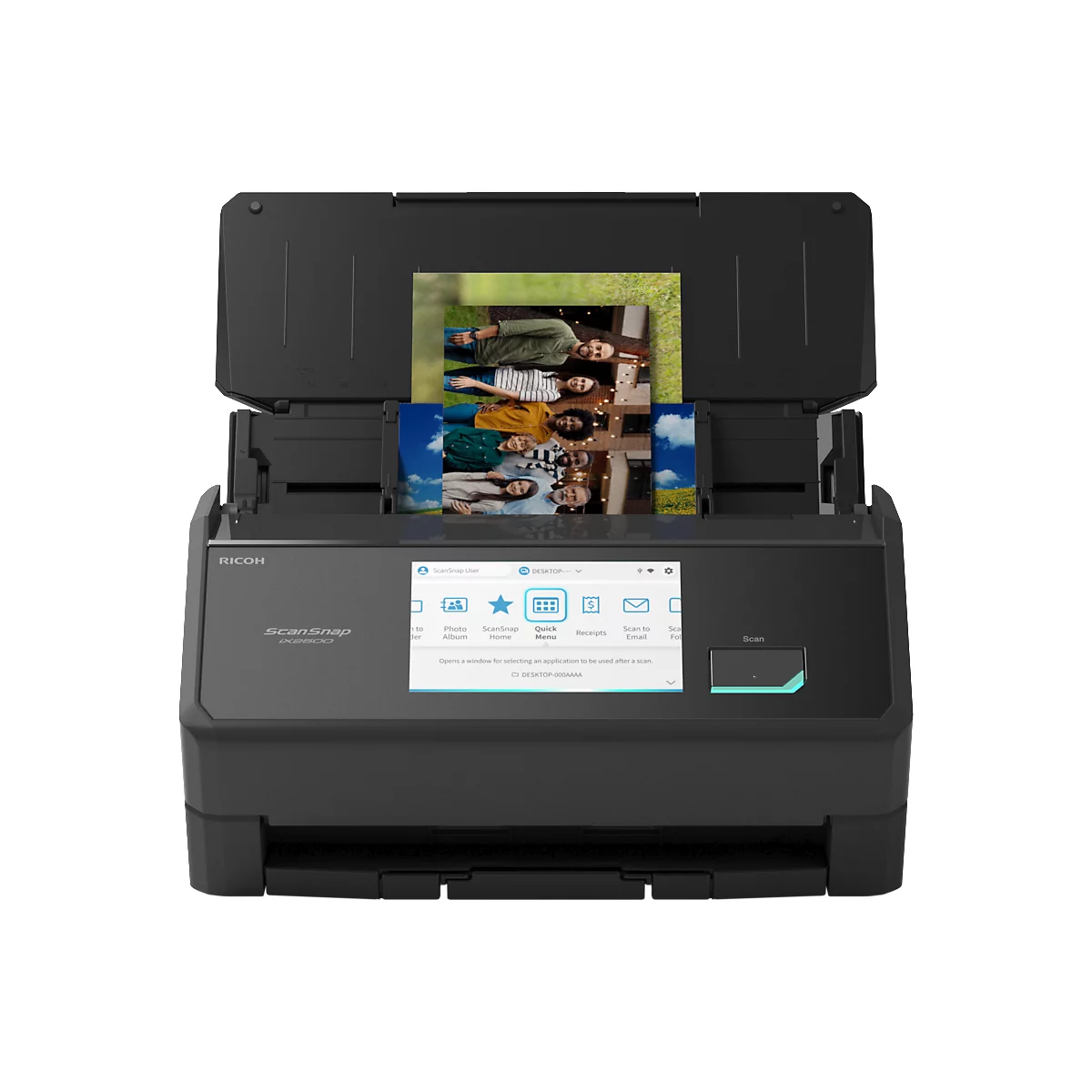 Schwarzer Ricoh ScanSnap Dokumentenscanner mit geöffnetem Einzug und Display mit Menüansicht.