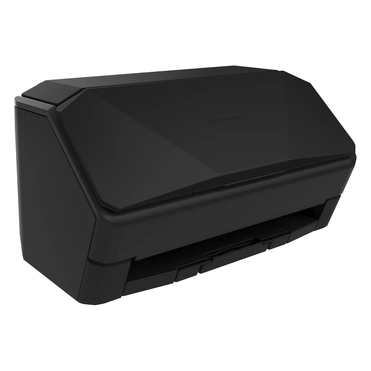 Schwarzer Dokumentenscanner in modernem Design mit geometrisch geformter Oberfläche vor weißem Hintergrund.