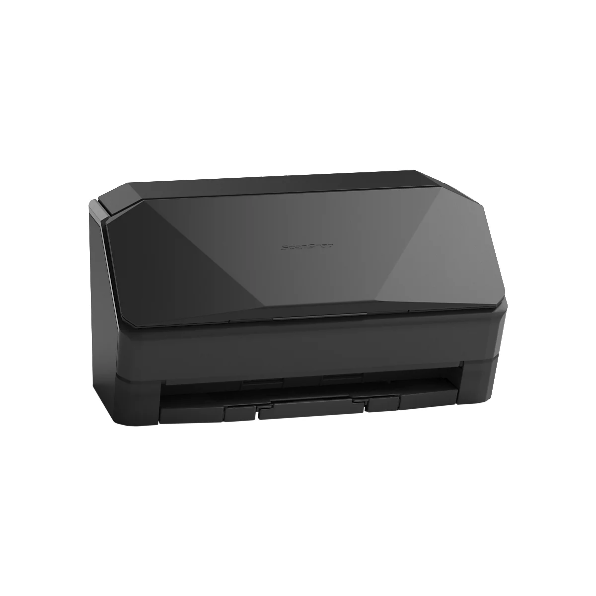 Schwarzer Dokumentenscanner in modernem, kantigem Design vor weißem Hintergrund.