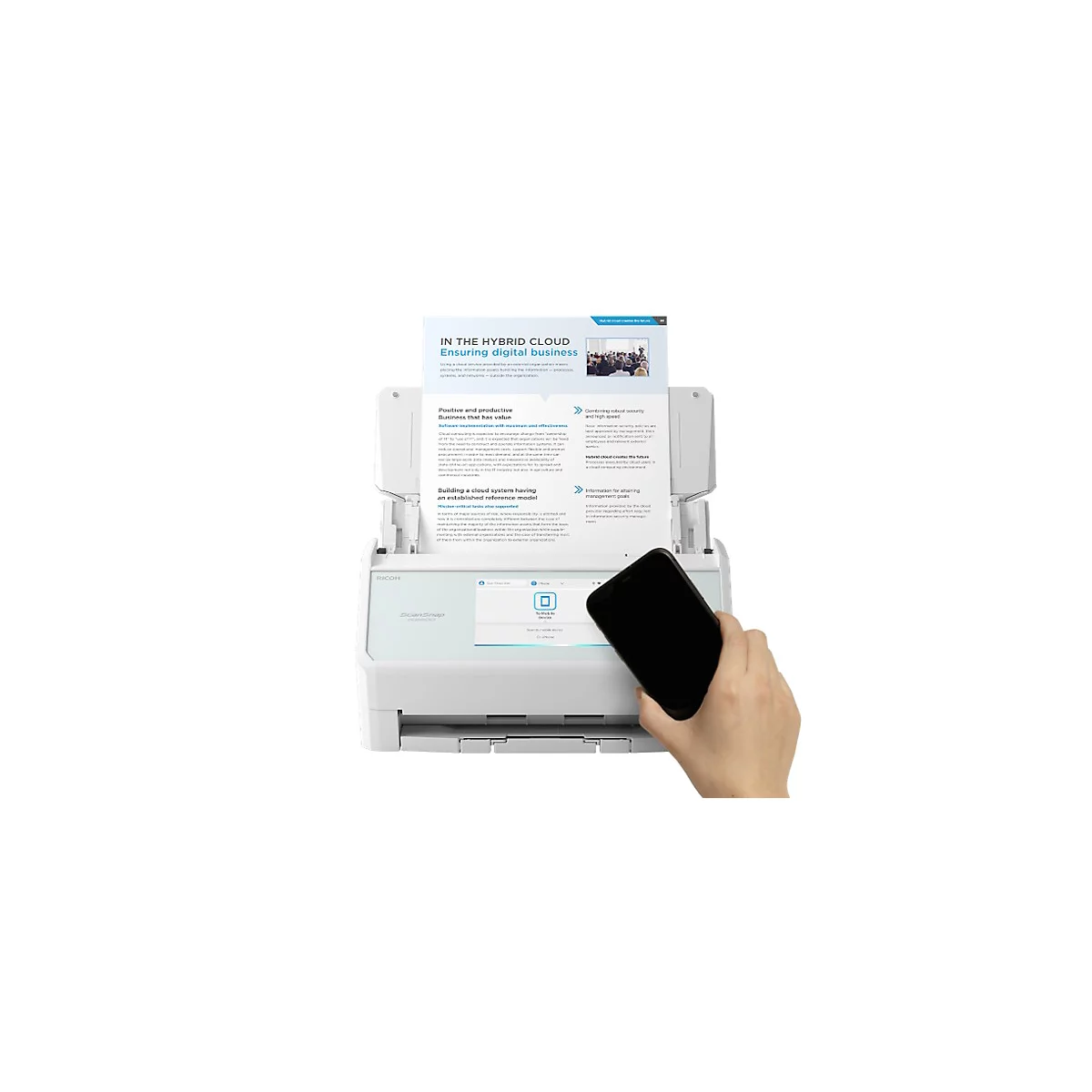 Ein weißer Dokumentenscanner mit eingelegtem Papier, der per Smartphone gesteuert wird.