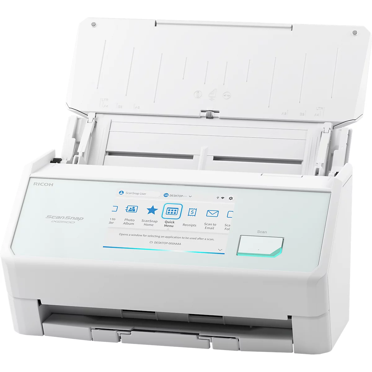 Weißer Ricoh ScanSnap Dokumentenscanner mit Touchscreen-Display und geöffnetem Papierfach.