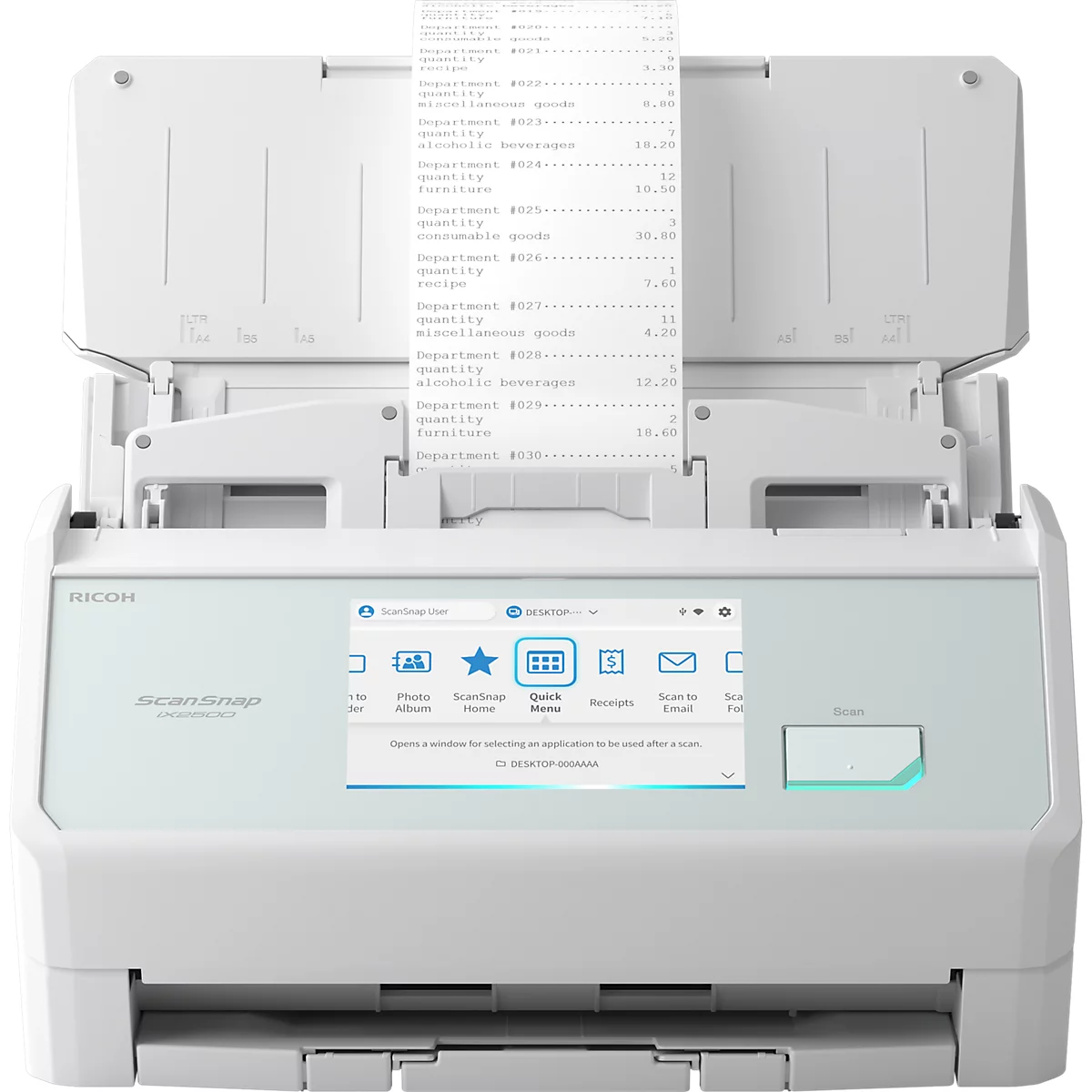 Ein weißer Ricoh ScanSnap Dokumentenscanner mit eingelegtem Kassenbon und aktivem Touchscreen-Display.