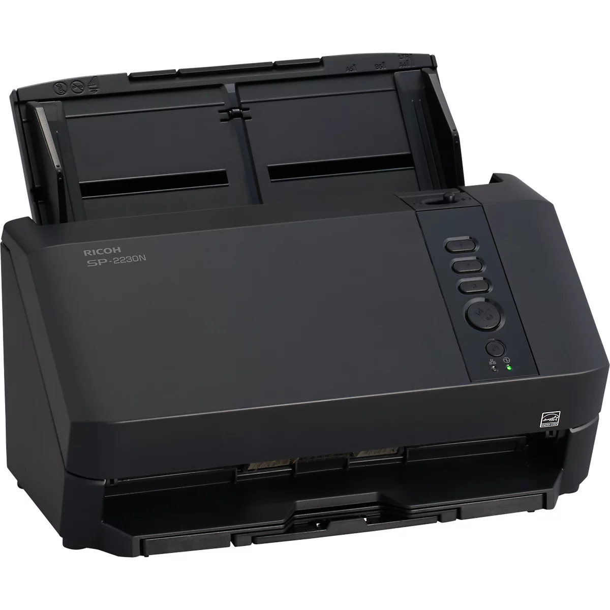 Schwarzer Ricoh SP-1130N Dokumentenscanner vor weissem Hintergrund.