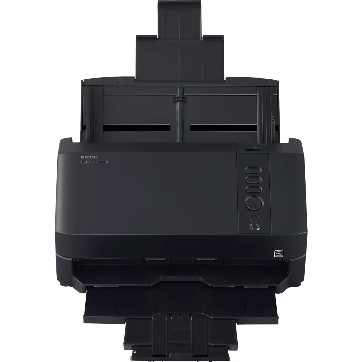 Schwarzer Ricoh fi-8250 Scanner in Frontalansicht mit ausgeklappten Papierfächern.