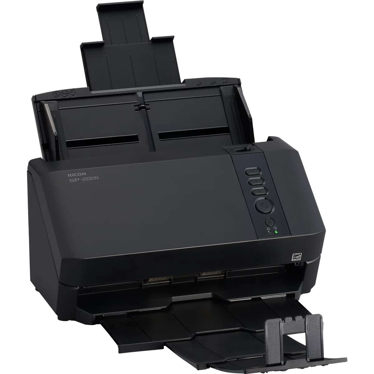 Schwarzer Dokumentenscanner Ricoh SP-1120N vor neutralem Hintergrund mit Papiereinzug oben und Ausgabefach unten.