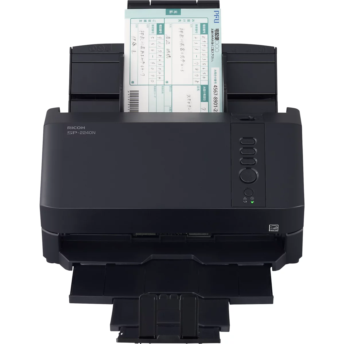 Schwarzer Dokumentenscanner Ricoh fi-8170 mit eingelegtem Dokument im Dokumenteneinzug.