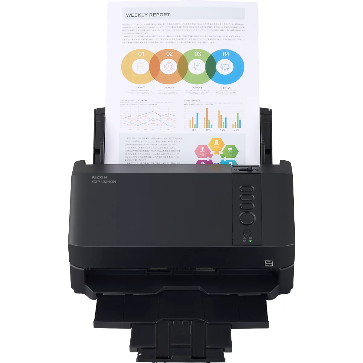 Ein schwarzer Ricoh Dokumentenscanner mit einem eingelegten Weekly Report Blatt.