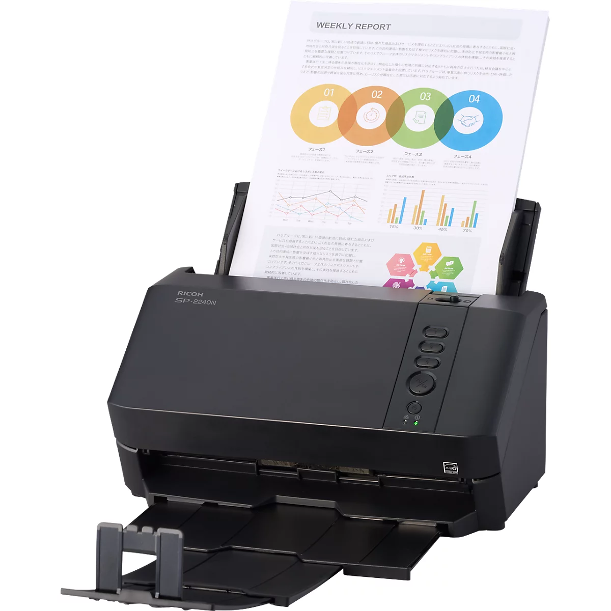 Ein schwarzer Ricoh Dokumentenscanner mit eingelegtem Wochenbericht-Dokument vor neutralem weissem Hintergrund.