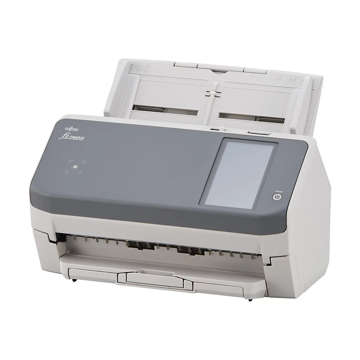 Ein grauer Fujitsu fi-7300NX Scanner, offen dargestellt. Oben befindet sich ein Papiereinzug, daneben ein Bedienfeld.