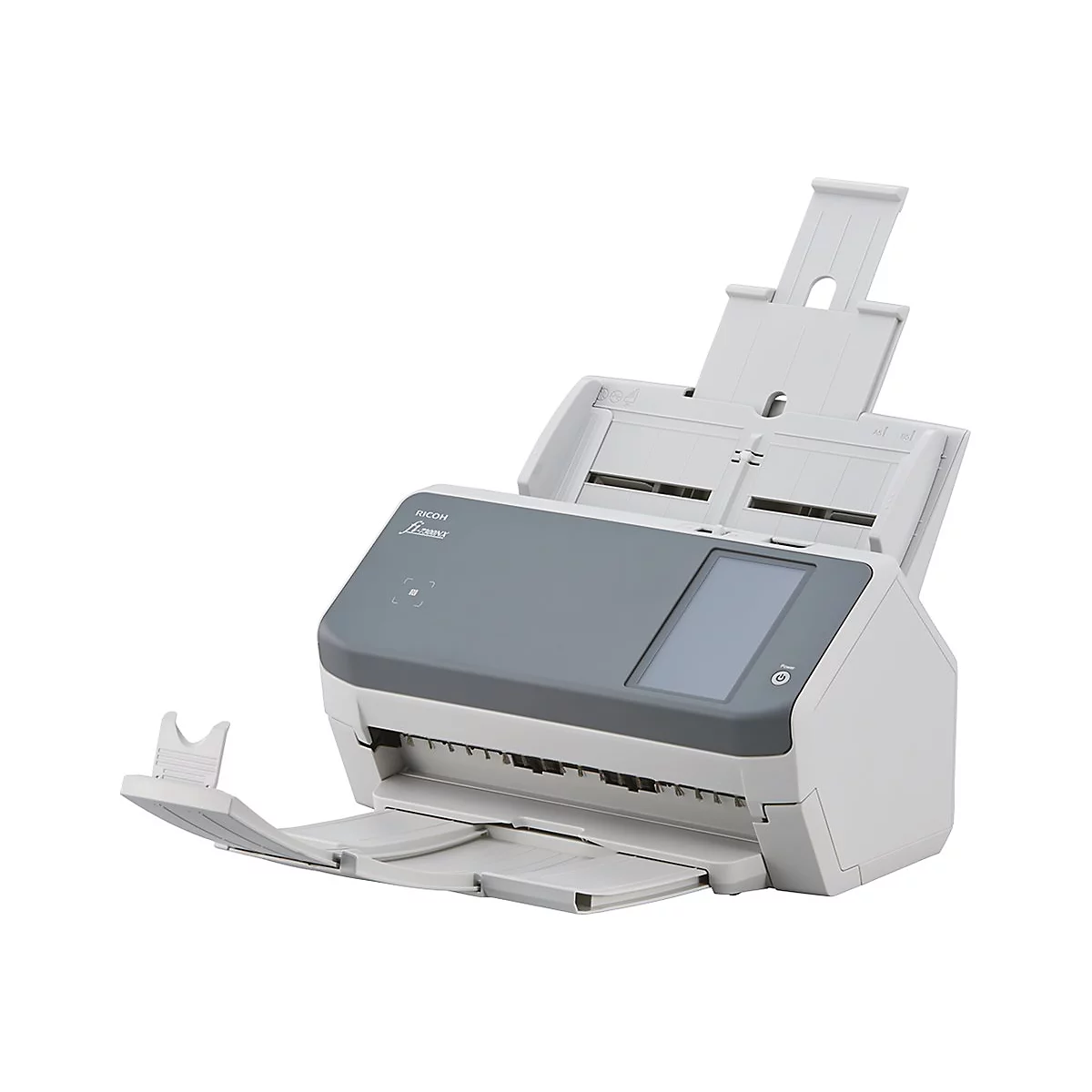 Ein grauer Scanner von Ricoh. Das Gerät hat einen offenen Papiereinzug, ein Bedienfeld und einen weißen Kunststoffrahmen.