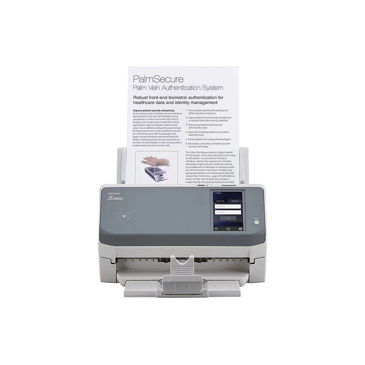 Ein grauer Scanner mit einem Textblatt, das mit dem PalSecure-System wirbt.