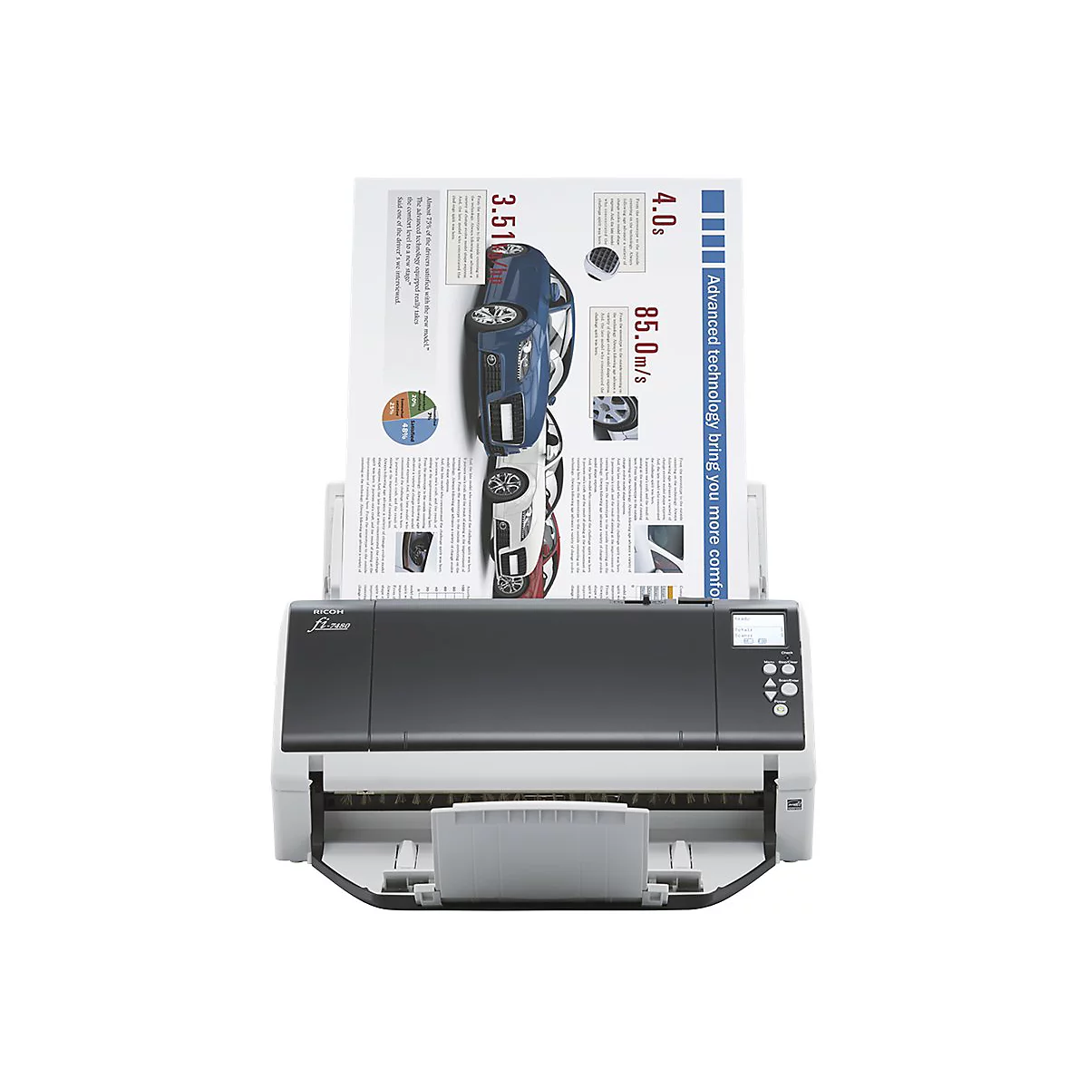 Un scanner à plat Ricoh numérise une page contenant des informations sur les voitures.