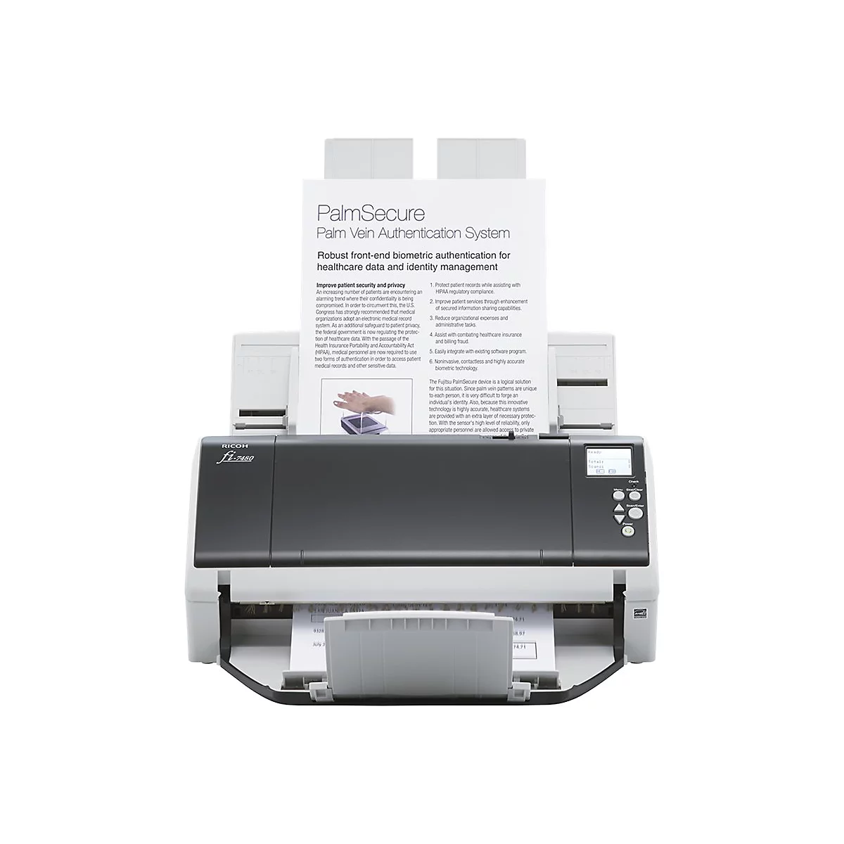 Ein grauer Scanner mit ausliegenden Papieren. Auf einem Blatt steht "PalmSecure Palm Vein Authentication System".