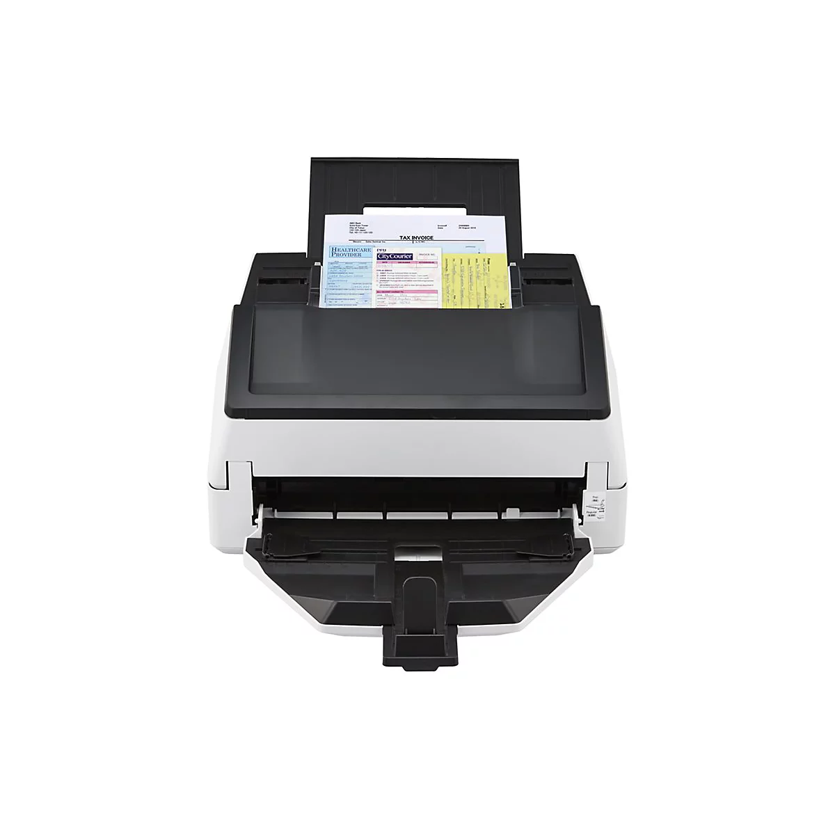 Ein weiß-schwarzer Scanner mit eingelegtem Papier. Das Papier trägt die Aufschrift Healthcare Provider und Tax Invoice.