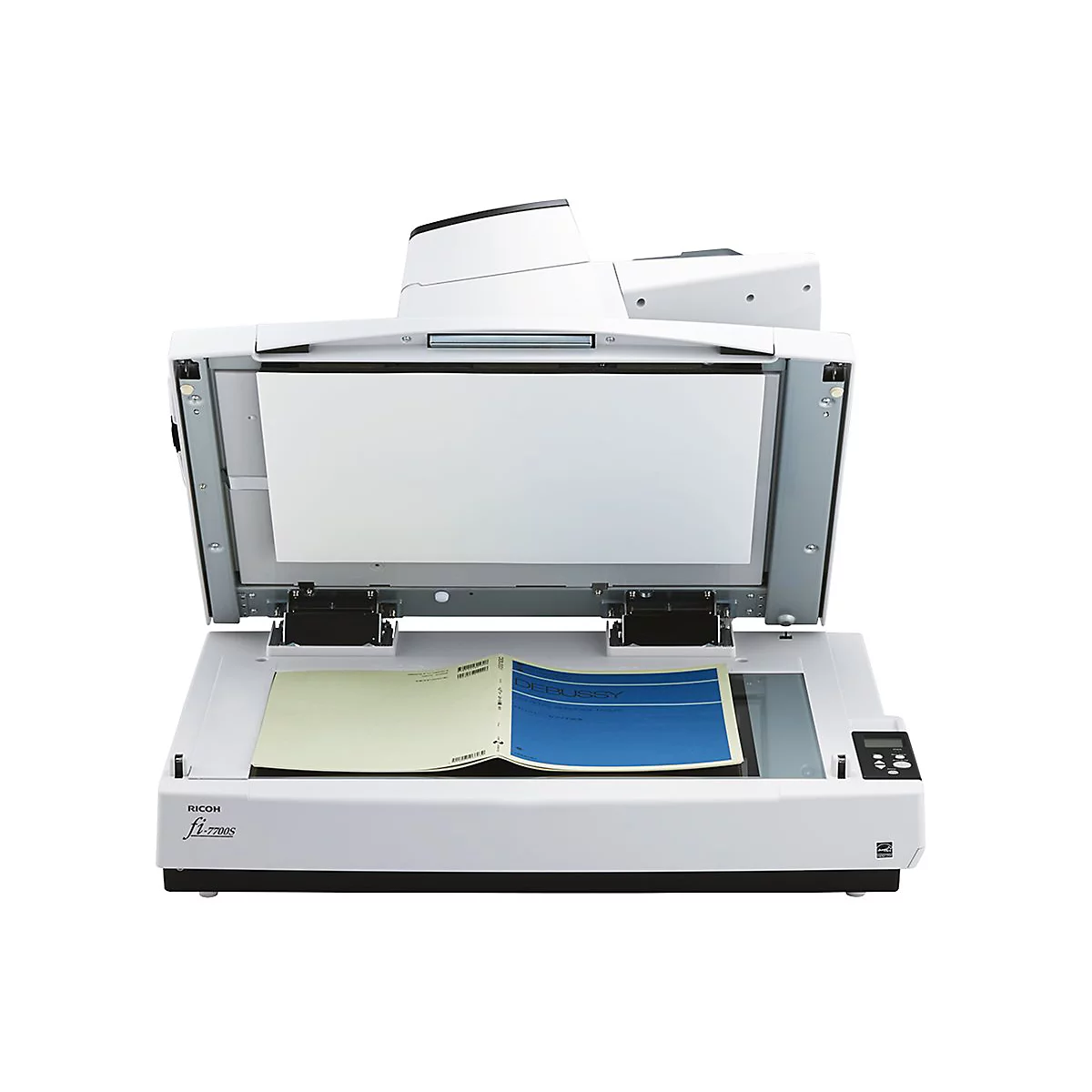 WeiÃŸer Scanner mit geÃ¶ffnetem Deckel, ein Buch liegt im Inneren. Auf der rechten Seite befinden sich Bedienelemente.
