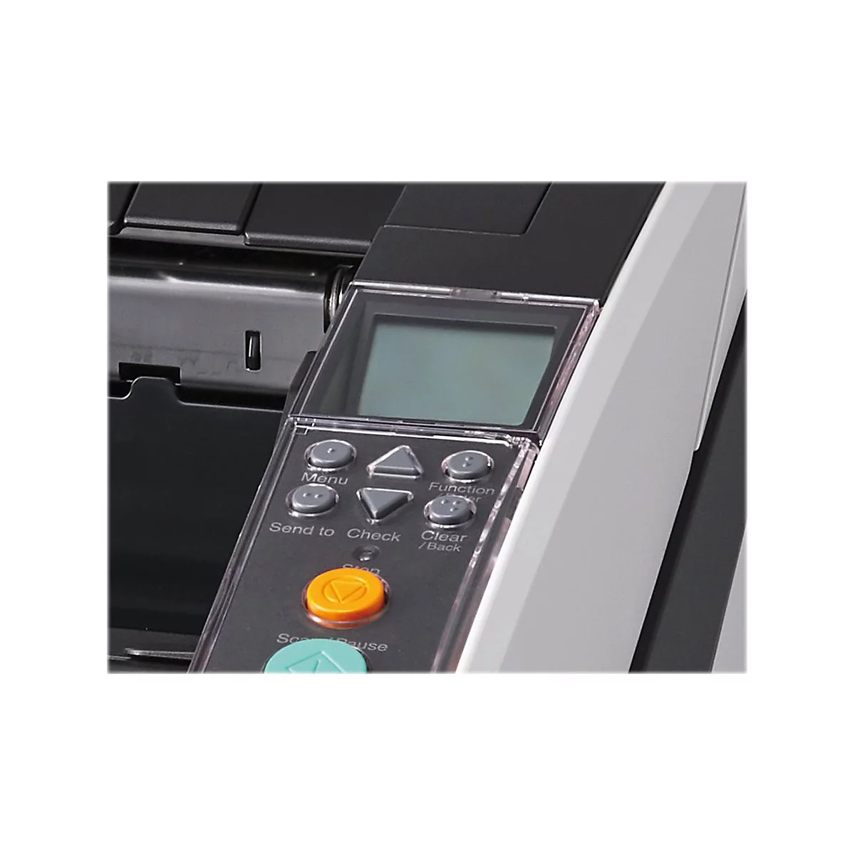 Nahaufnahme der Bedienkonsole eines Scanners. Graue Tasten für Menü, Funktion, Senden, Checken, Löschen und Pause. Ein Display zeigt Informationen an.
