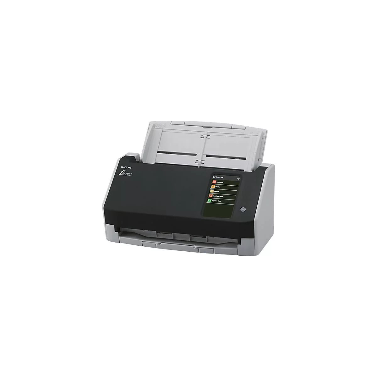 Ein grauer und schwarzer Flachbettscanner. Auf dem Display werden Optionen wie Angebot, Rechnung, etc. angezeigt.