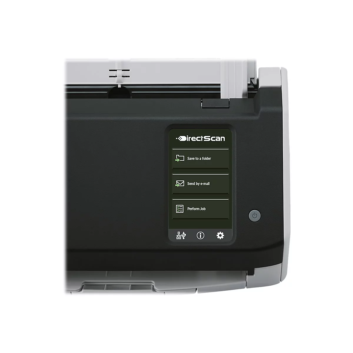 Detailaufnahme eines Scanners mit Bedientasten, darunter „Speichern in Ordner“ und „Per E-Mail senden“.