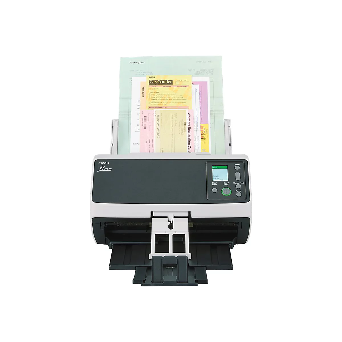 Un scanner blanc et noir avec des papiers insérés. Les mots "RICOH fi-8190" sont visibles.