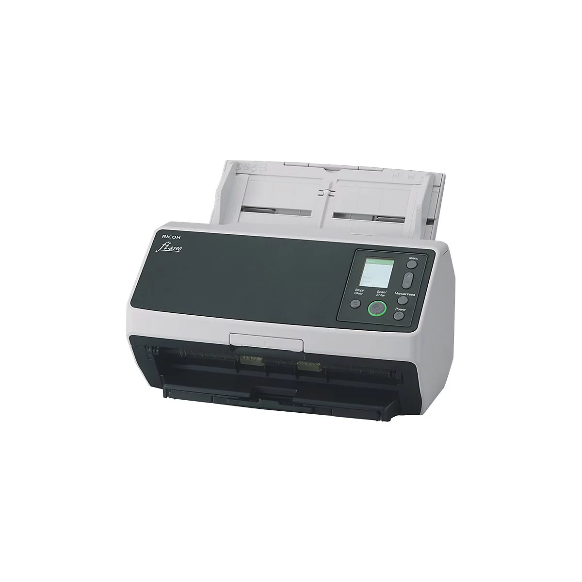 Grauer Flachbettscanner mit Bedienfeld und der Aufschrift "RICOH fi-8190".