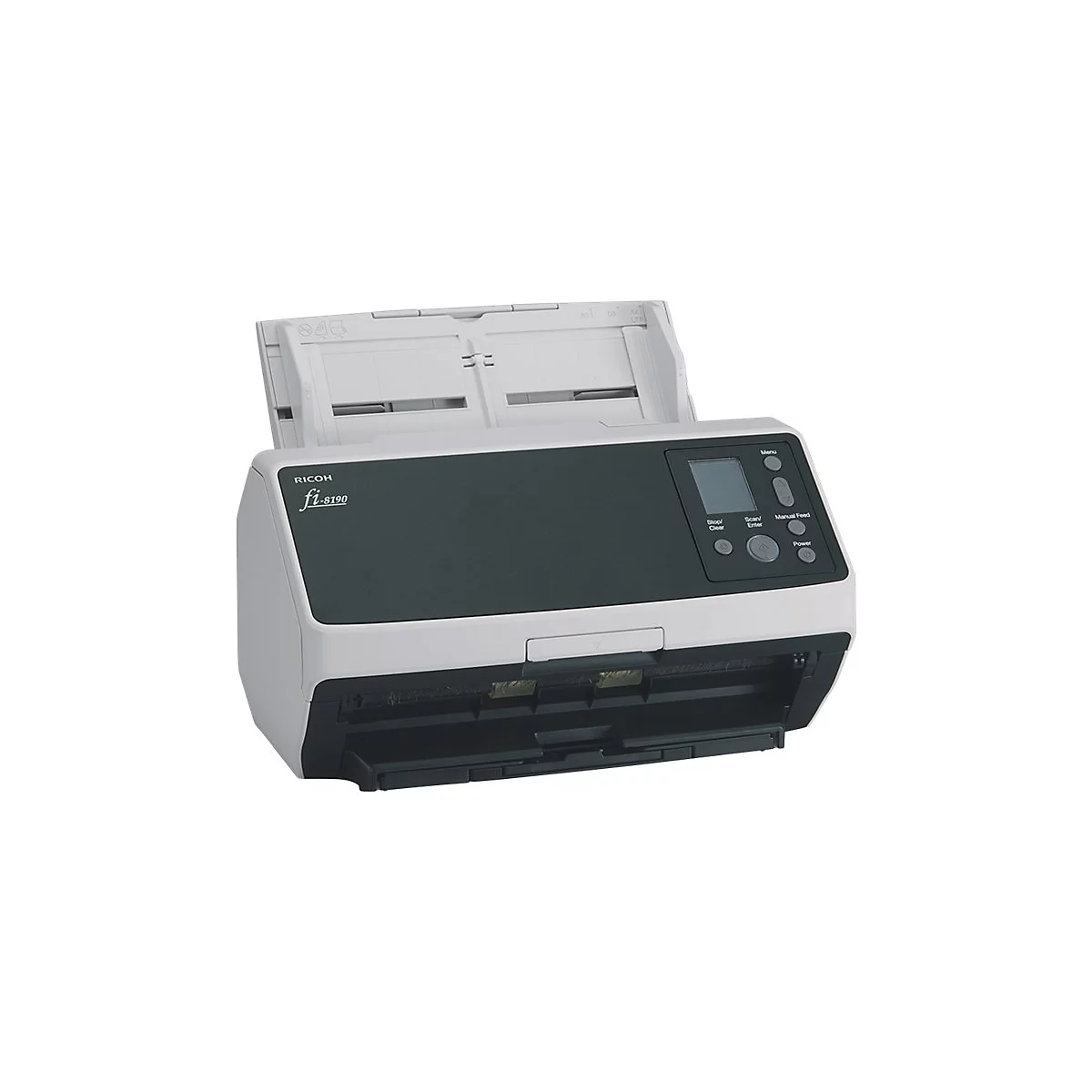 Ein grauer Dokumentenscanner mit geöffneter Zufuhr, Bedientasten und der Aufschrift "Ricoh fi-8190".