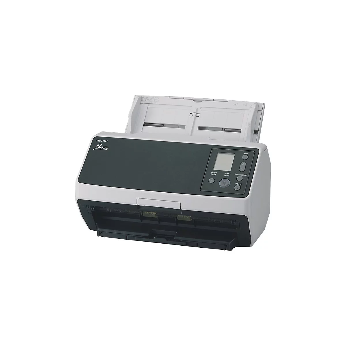 Grauer Scanner mit geöffnetem Papiereinzug. Bedienfeld mit Tasten. Aufschrift: Ricoh fi-8190.