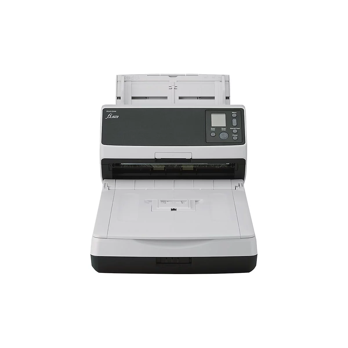 Ein weiß-schwarzer Flachbettscanner von Ricoh, Modell fi-8270, von oben und vorne aufgenommen.