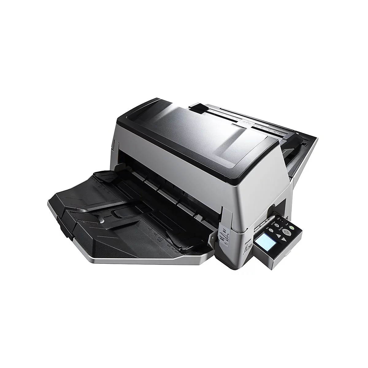 Un scanner gris avec un couvercle ouvert. Le panneau de contrôle et les bacs de sortie sont visibles.