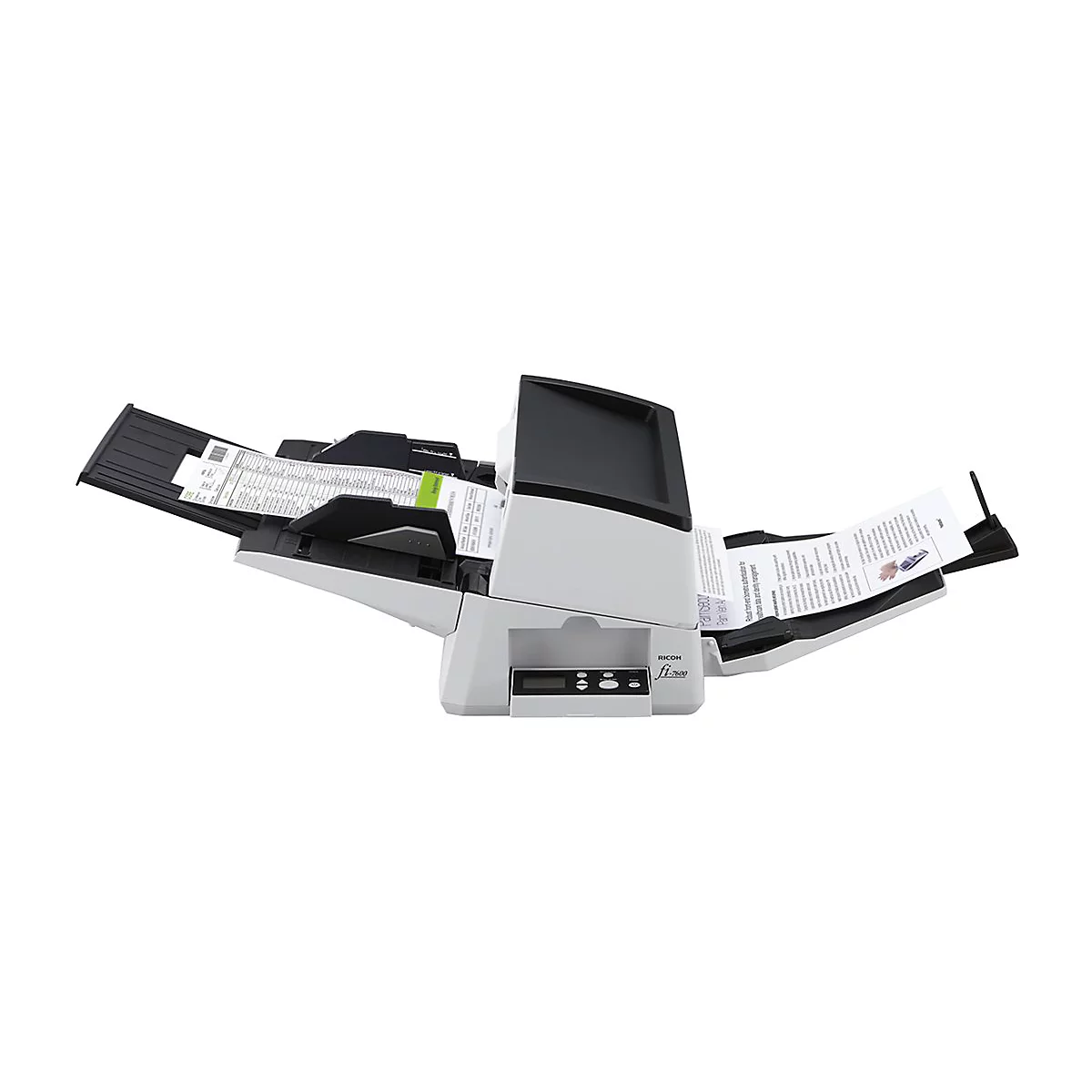 Un scanner gris avec des bacs à papier ouverts, montrant des documents insérés. Il y a des boutons de contrôle en bas.