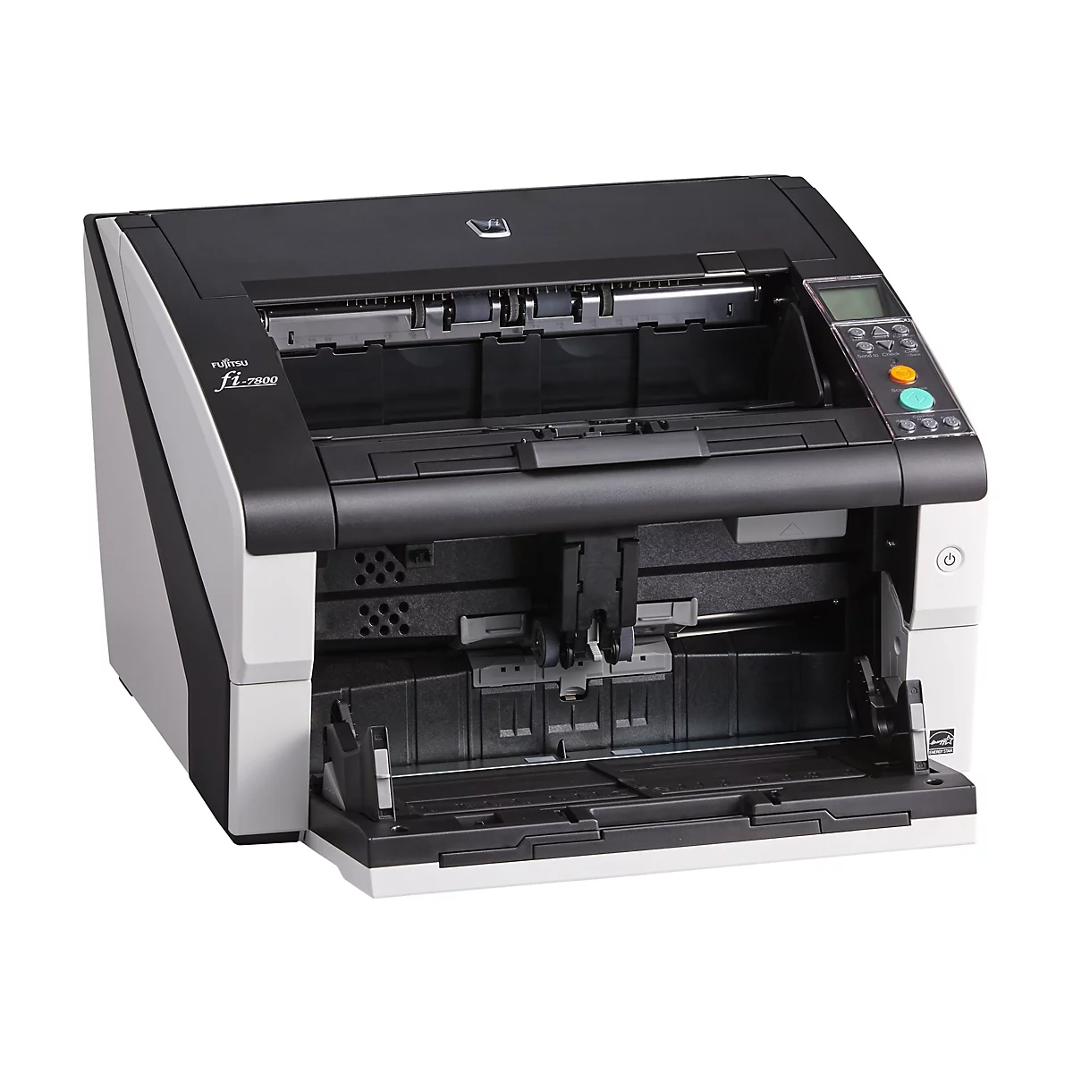 Ein grauer und schwarzer Fujitsu fi-7800 Scanner. Die obere Abdeckung ist offen. Auf der Oberseite befindet sich ein kleines Display mit Tasten.