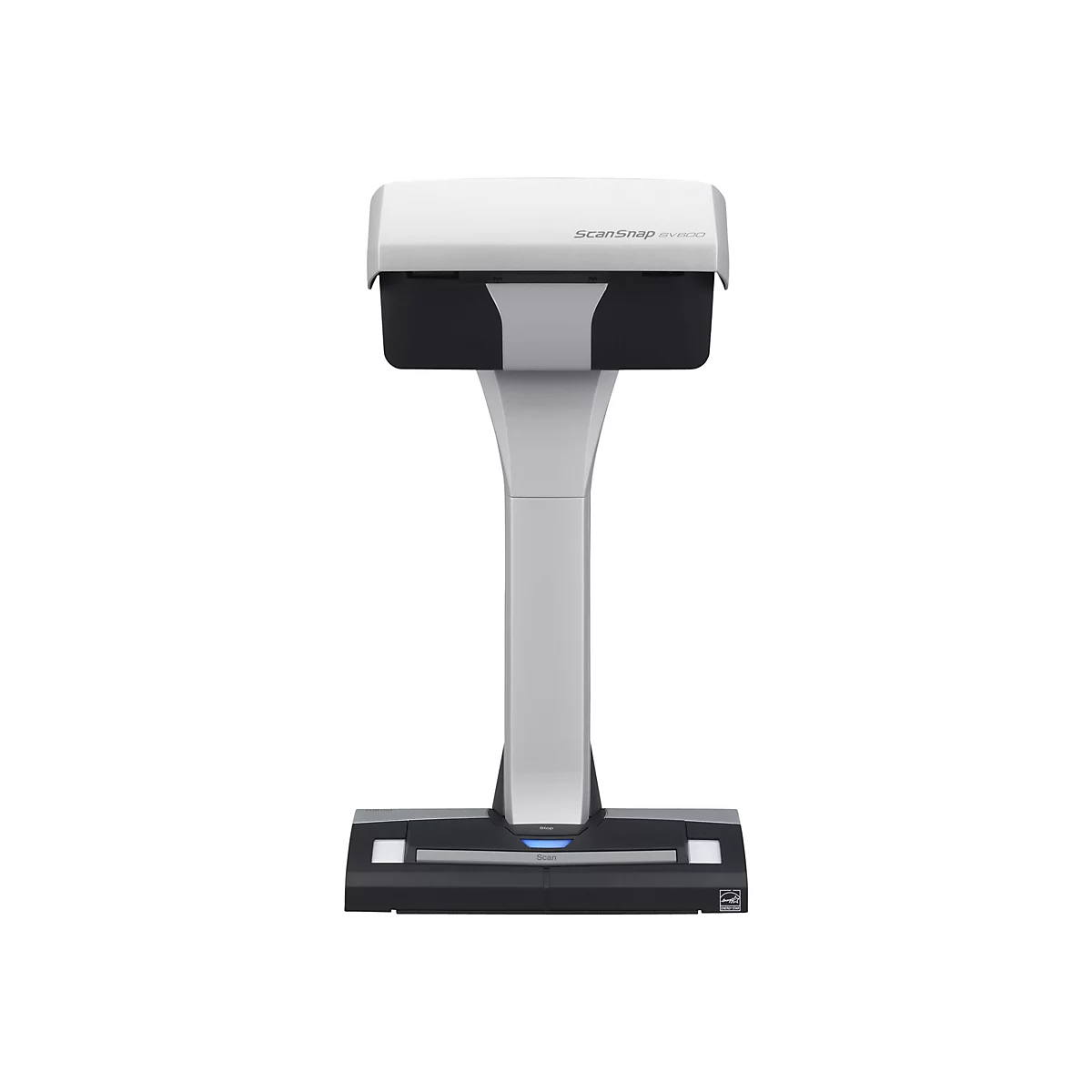 Ein grauer und weißer Dokumentenscanner ScanSnap SV600 mit schwarzem Unterteil und „Scan“ Knopf.