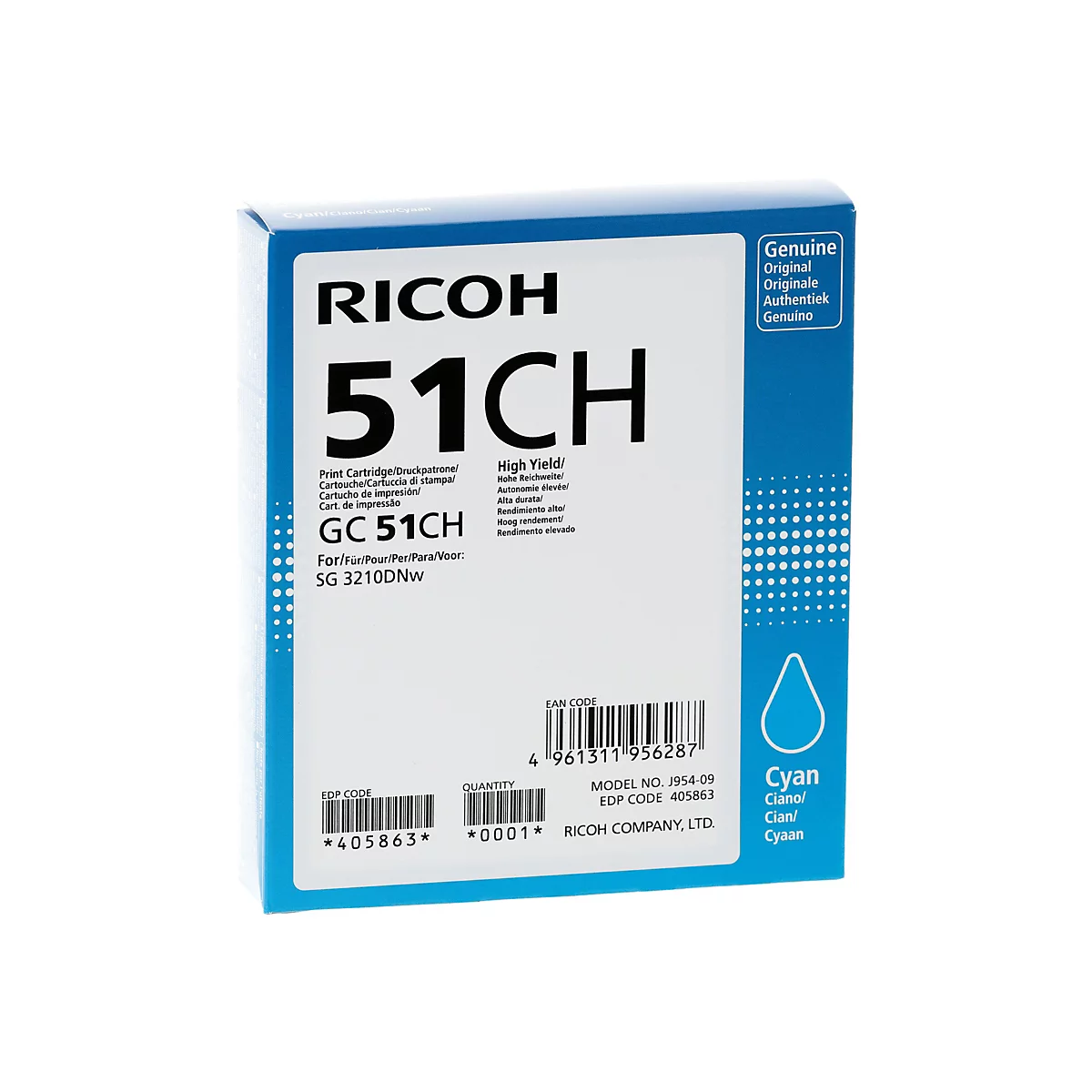 Blaue Ricoh GC 51CH Druckerpatronenverpackung für SG 3210DNw auf weißem Hintergrund.