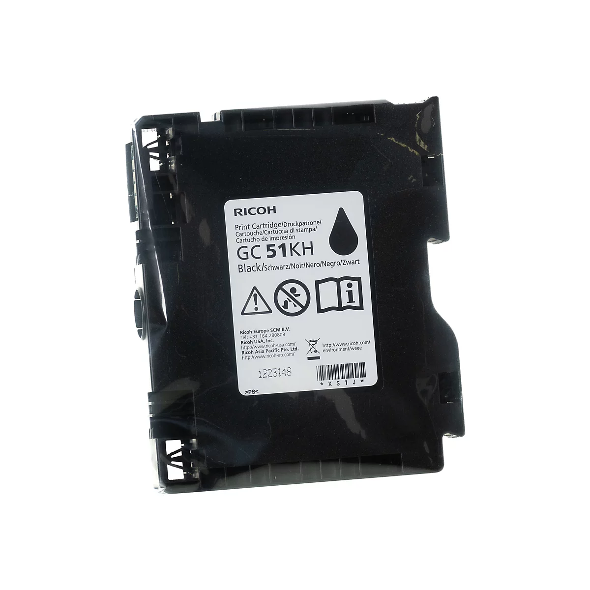 Schwarze Ricoh GC 51KH Druckpatrone mit weißem Etikett und technischer Beschriftung.