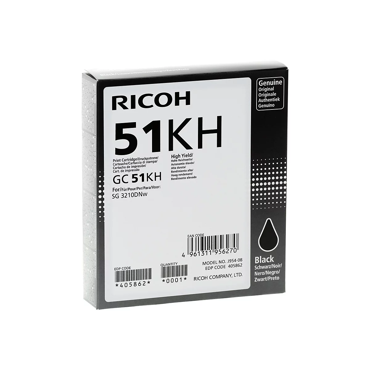 Ricoh GC 51KH Druckerpatrone in schwarzer Verpackung mit weißer Schrift und Barcodes auf weißem Hintergrund.