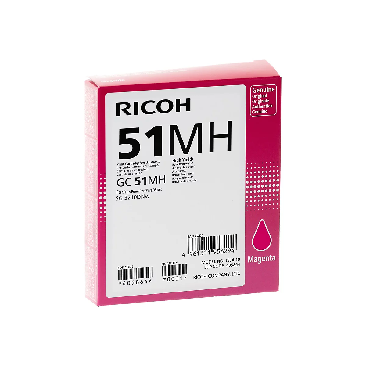 Magenta Ricoh 51MH Druckpatronenverpackung auf weißem Hintergrund.