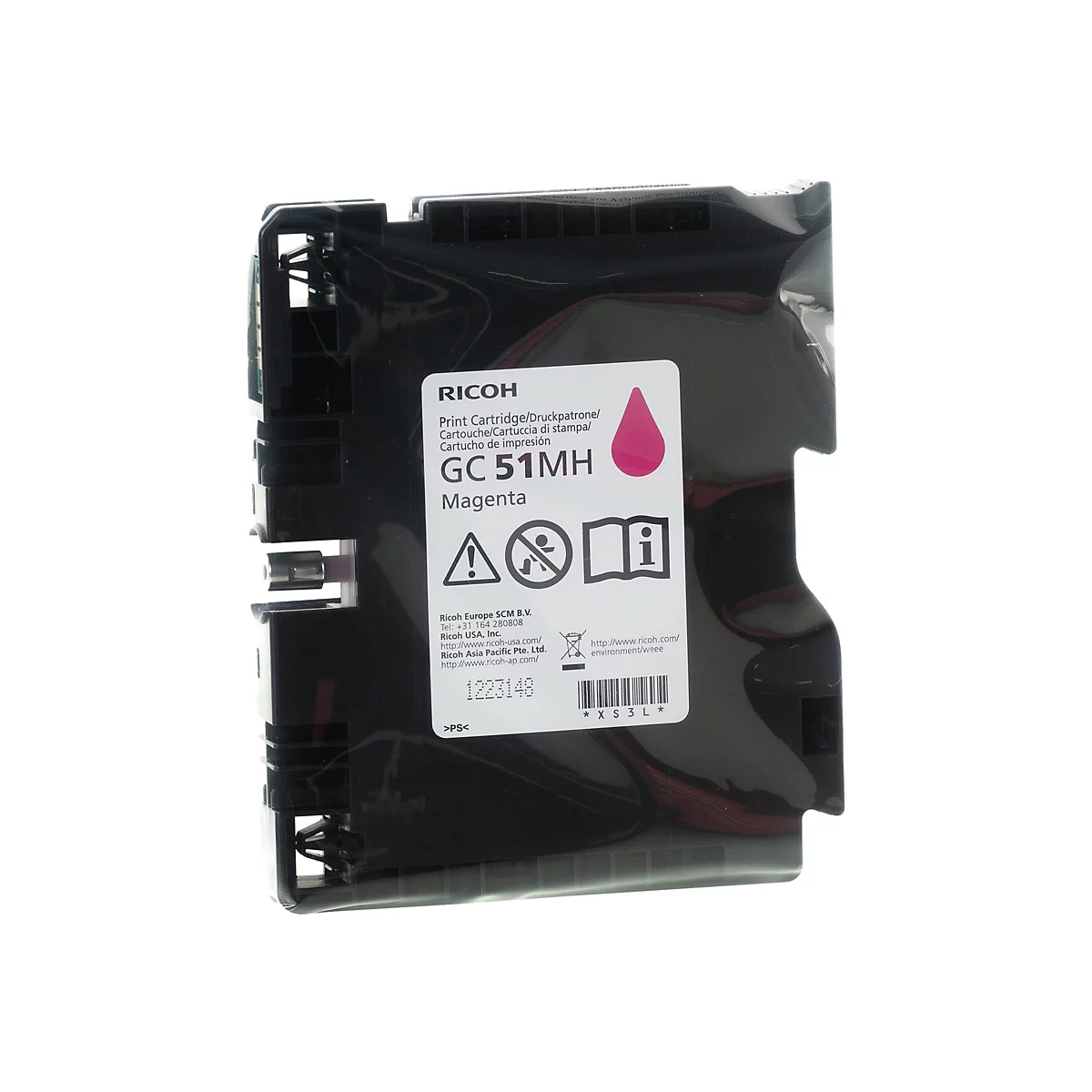 Schwarze Ricoh GC 51MH Magenta Druckerpatrone vor weißem Hintergrund.