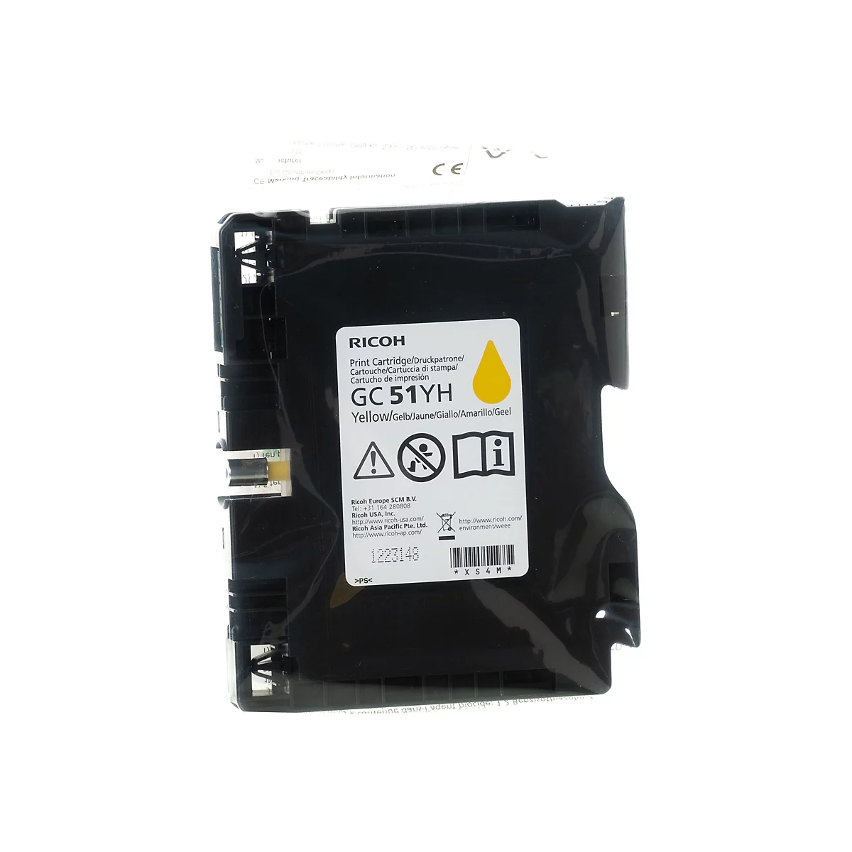 Gelbe Ricoh GC 51YH Druckpatrone in einer schwarzen Kunststoffhülle auf weißem Hintergrund.
